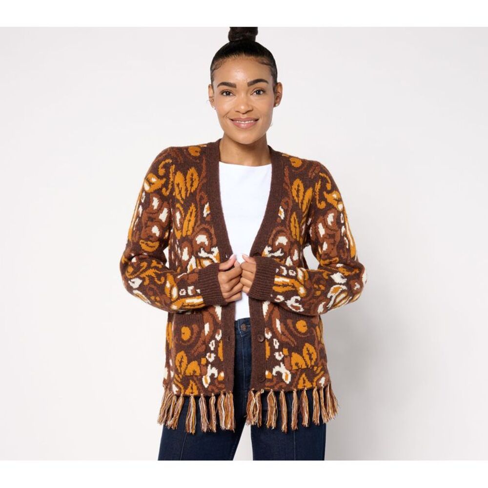 Women Control Women's Top Sweater Sz M Jacquard Cardigan w Multi-colored A667203